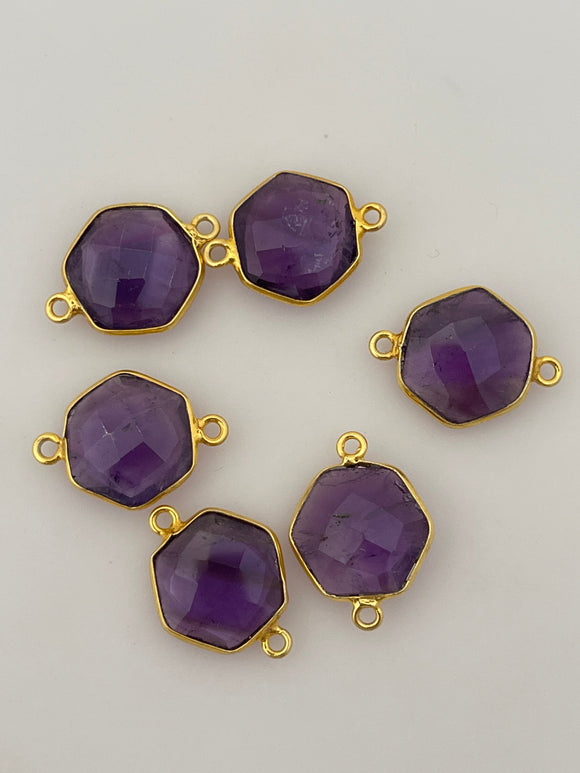 Amethyst bezel  Pack of Six Pieces Connector Real Gold Plated Amethyst Hexagon  Shape, Size : 12mm.#DM 239