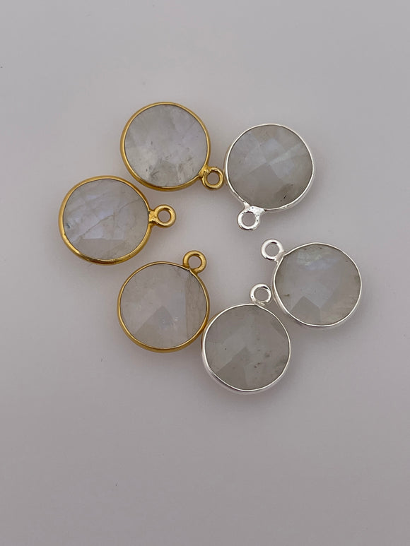 Rainbow Moon Stone Pack of Six Pieces One Loop  Real Gold Plated and Sterling Silver 925 Rainbow Moon Stone Coin  Shape, Size : 11mm.