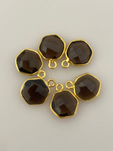 Smoky Bezel Pack of 6 Pcs Gold Plated  And Sterling Silver  Natural Smokey Quartz Hexagon Shape With One Loop  Bezel  Size : 9mm.#DM 1019