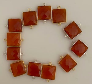 Six Piece a Pack Connector Real Gold Plated and Sterling Silver 925 Carnelian Square Shape, Size : 15mm
