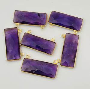 Amethyst  Bezel Pack Six Pieces Connector Real Gold Plated and Sterling Silver 925 Amethyst Rectangle Shape, Size : 12mmX30mm.#DM 388