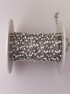3 Feet Sterling Silver dc cable black  rh-Enamel WHITE-0,6 mm space between enamel beads Size:1,43x2,15 #166WFB-SS