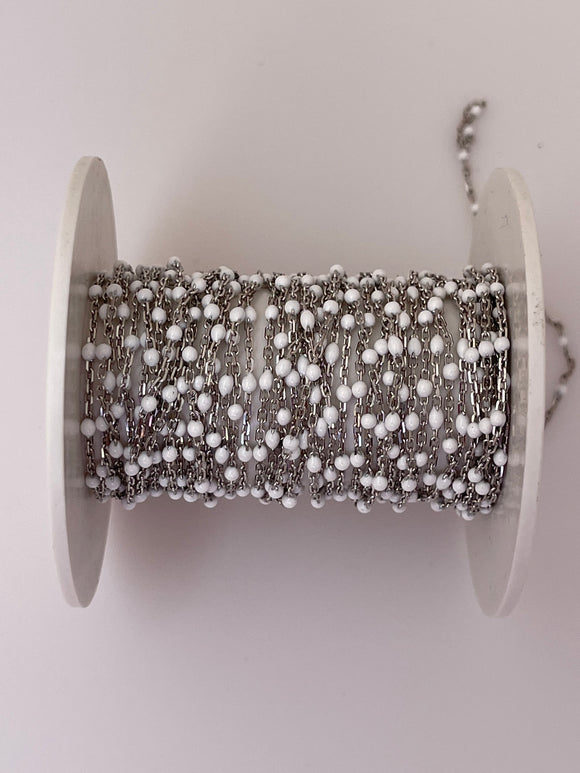 3 Feet Sterling Silver dc cable black  rh-Enamel WHITE-0,6 mm space between enamel beads Size:1,43x2,15 #166WFB-SS