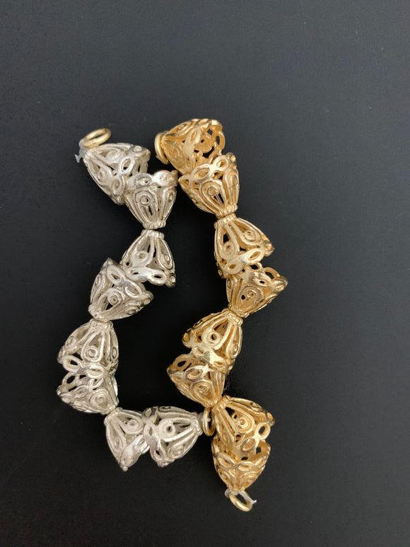 1 Strand of Decorative Cones Available in 2 colors- Gold Finish And Silver Plated, End Caps, Cones, Sizes: 12mmX11mm #NO-21