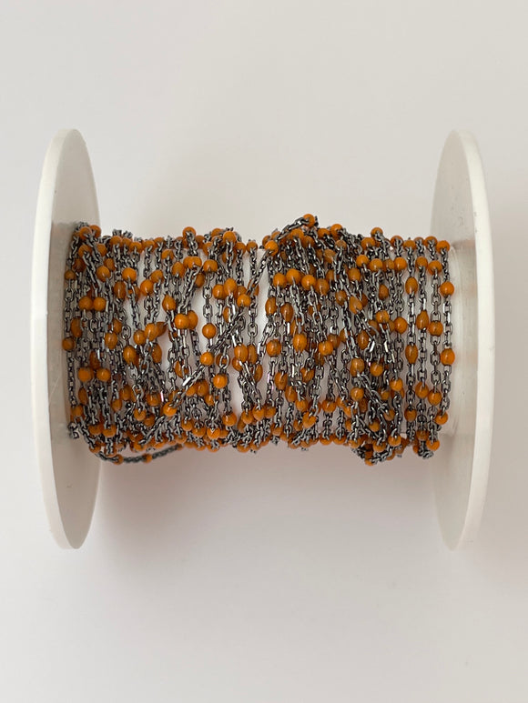 3 Feet Sterling Silver Chain dc cable black  rh-Enamel orange  FLUO-0,6 mm space between enamel beads Size :1,43x2,15 #FOB-SS