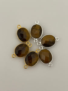 Tiger Eye  bezel Pack of Six Pieces  Connector Real Gold Plated And Sterling Silver Tiger Eye Oval Shape, Size : 9mmX11mm.