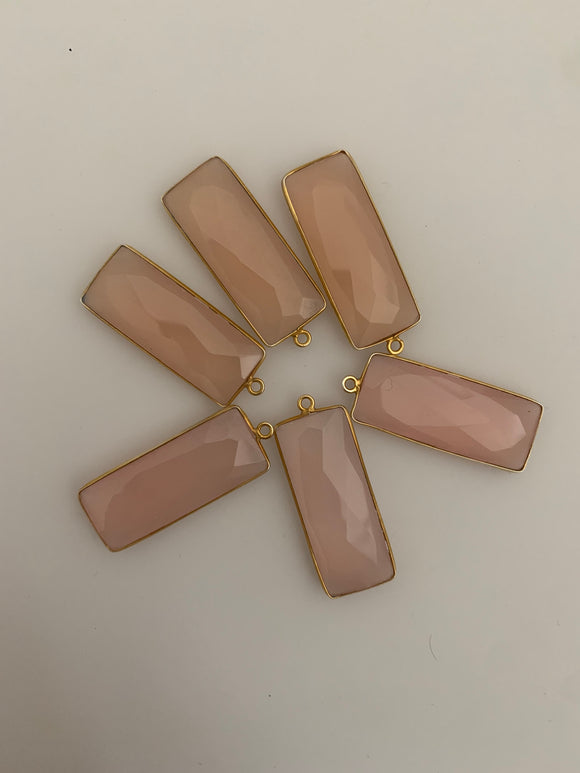 Pink Chalcedony  Bezel Pack Six Pieces One Loop Real Gold Plated Pink Chalcedony  Rectangle Shape, Size : 12mmX30mm. DM #429