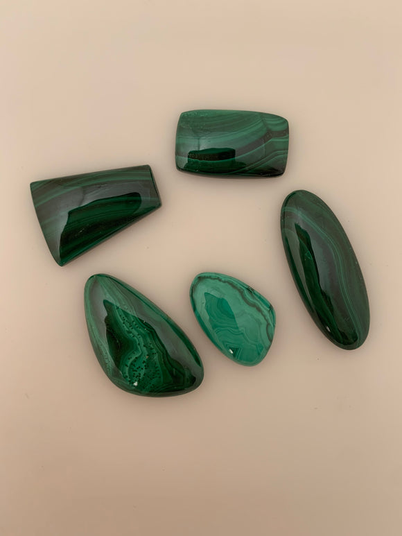 Malachite 5 Pieces Lot of  Cabochons. Natural, Highly Polished, Great Quality, Different Shapes and Sizes, (Between 14mX22mm and 13mX34mm)