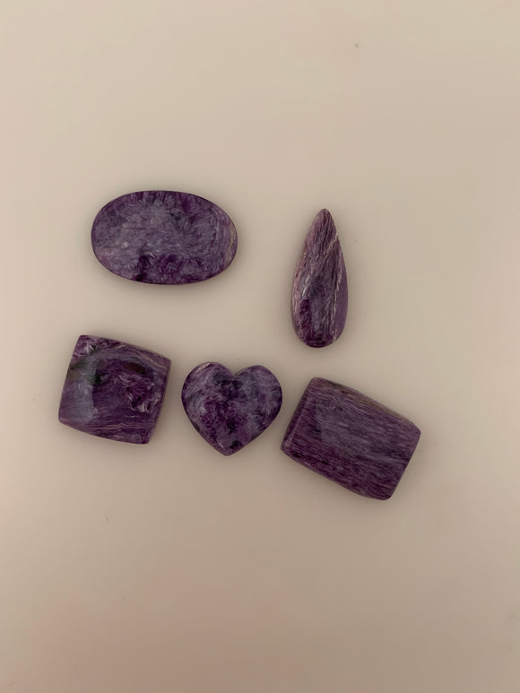 5 Pieces Lot of Charoite Cabochons. Natural, Highly Polished, Great Quality, Different Shapes and Sizes, (Between 18X20mm and 18X28mm)