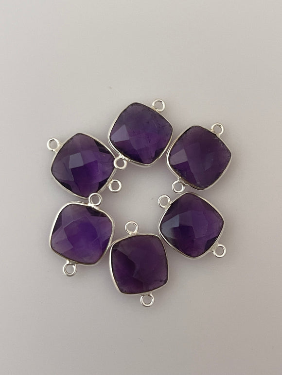Amethyst bezel  Pack of Six Pieces Connector Real Gold Plated  Sterling Silver 925 Amethyst Cushion Shape, Size : 12mm.